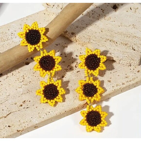 3 Three Yellow Seed Beaded Sunflower Dangle 3.1" L Earrings FREE SHIP - 2 Items - Picture 3 of 5